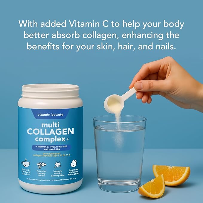 Vitamin Bounty Multi Collagen Peptides Powder for Men & Women (Complex Plus) - 5 Types Hydrolyzed Collagen Protein - Probiotics, Vitamin C & Hyaluronic Acid - Grass Fed Bovine Supplements, 28 Servings