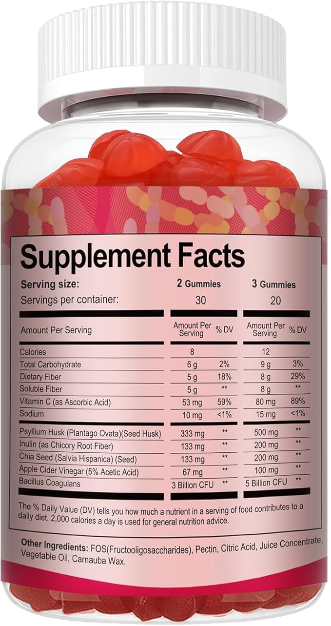 Totaria 9-in-1 Probiotic Fiber Gummies for Adults & Teens 16G Fiber per Serving, Psyllium Fiber Supplement with 5 Billion CFU Bacillus Coagulans, Inulin, ACV for Digestive & Gut Wellness - 60 Gummies