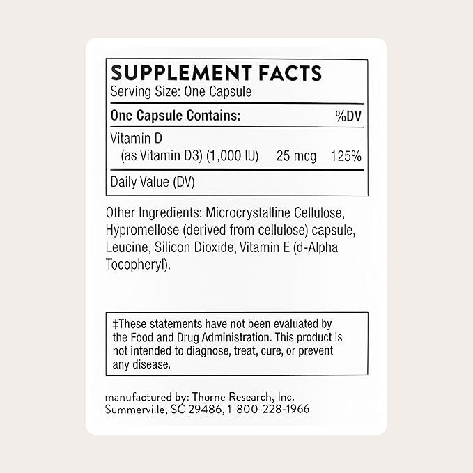 THORNE - Vitamin D-1,000 - Vitamin D3 Supplement - Supports Healthy Bones, Teeth & Muscles, Plus Cardiovascular & Immune Function* - Third-Party Certified - Gluten, Dairy & Soy-Free - 180 Capsules