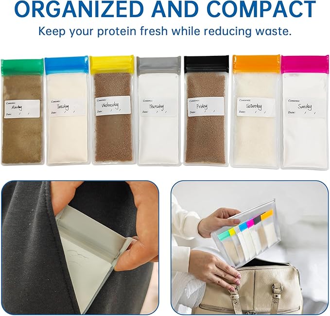14PCS Protein Powder Travel Container Set, Reusable Powder Supplement Container To Go Reusable Protein Powder Bags and 2pc Large Standable Zip Bags for Workout, Fitness, Travel
