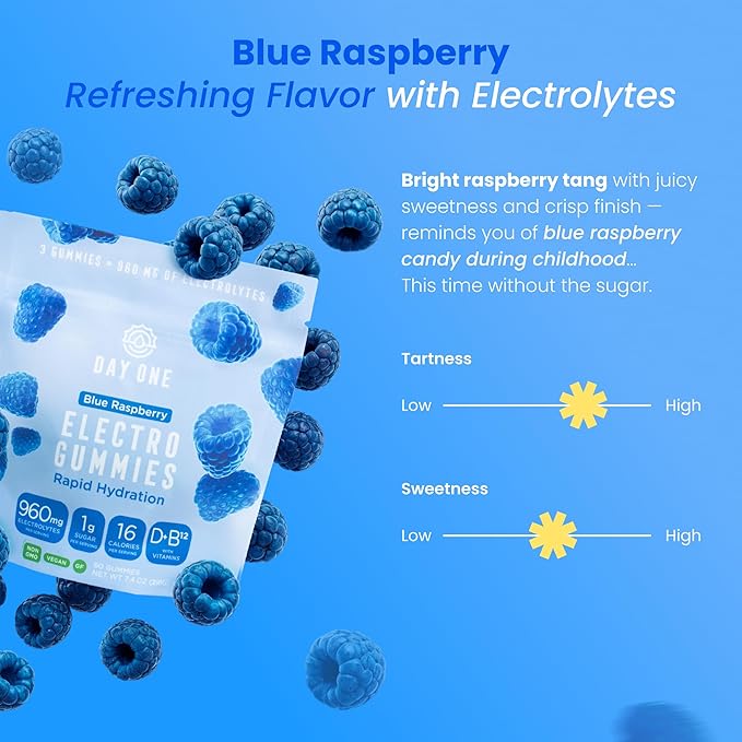 Day One Electrogummies - 60pcs of Blue Raspberry Flavored Electrolyte Gummies for Hydration and Recovery - Packed with Essential Electrolytes Ideal for Workouts, Running, Hiking and More