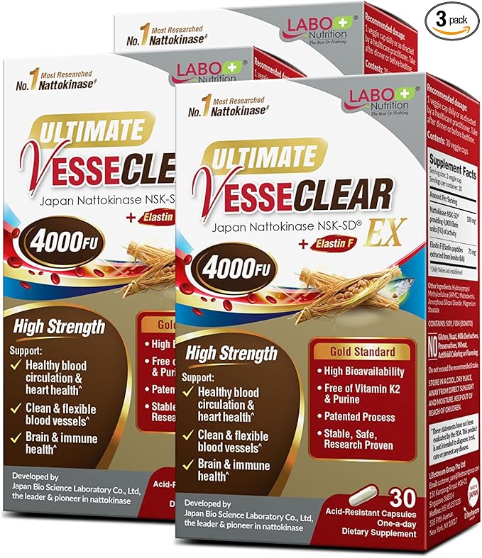 LABO Nutrition Ultimate VesseCLEAR EX Nattokinase NSK-SD 4000FU & Elastin F, Vessel Circulation & Brain Health Support, Japanese Supplement Shelf Stable Acid Resistant DRCaps Delayed Release x3
