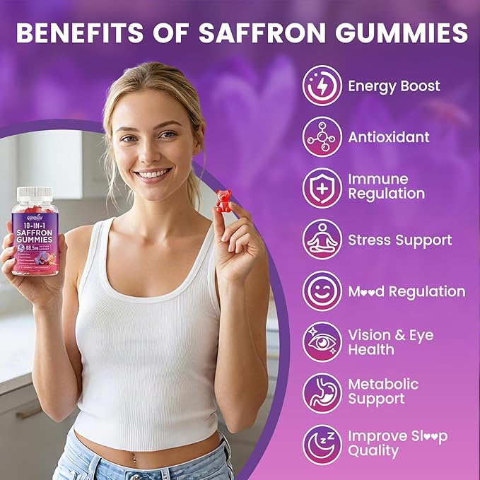 2 Pack Saffron Supplement Gummies, 10-in-1 Cortisol Supplement with Saffron 88.5mg, Magnesium, Rhodiola Rosea, Ashwagandha, L-Theanine, St. John's Wort, for Calm, Focus, Relaxation, 120 Count