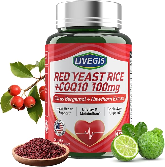 Red Yeast Rice 2000mg with CoQ10 100mg - Citrinin Free Heart Health Supplement with Citrus Bergamot & Hawthorn - Supports Healthy Cholesterol Levels - Vegan, Non-GMO Capsules 120 Counts