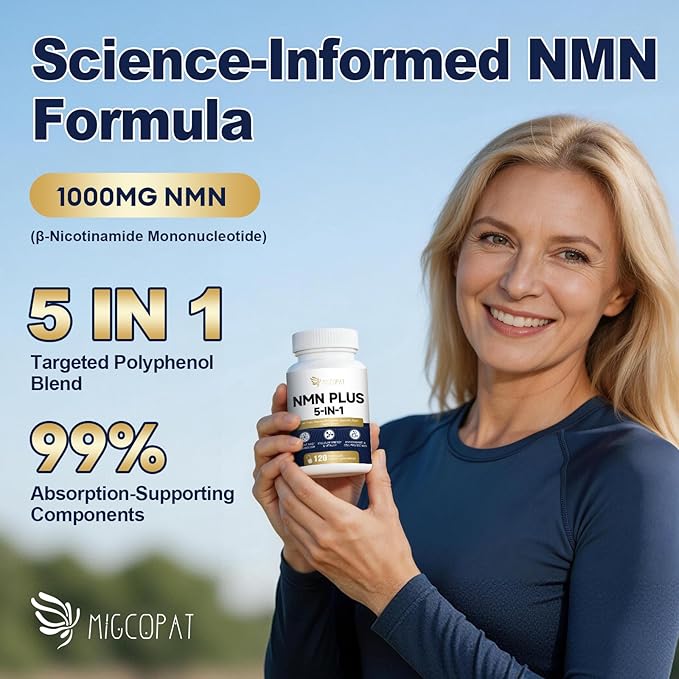 Migcopat NMN Supplement 1000mg – NMNH Alternative 5-in-1 NAD Supplement w/Resveratrol, Apigenin, Quercetin & Black Pepper – Supports Cellular Energy, Healthy Aging & Longevity – 120 Veggie Capsules