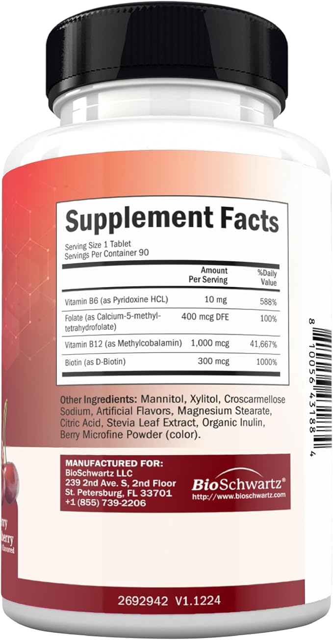 BioSchwartz Bariatric B12 Plus Dissolvable Tablets - 1000mcg Vitamin B12, Vitamin B6, Folate, Biotin - Cherry Strawberry Flavor, 3-Month Supply, Third Party Tested, for Bariatric Patients, 90 Count