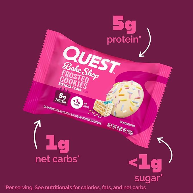 Quest Nutrition Frosted Protein Cookies, Birthday Cake, <1g Sugar, 5g Protein, 1g Net Carbs, Gluten Free, 8 Cookies