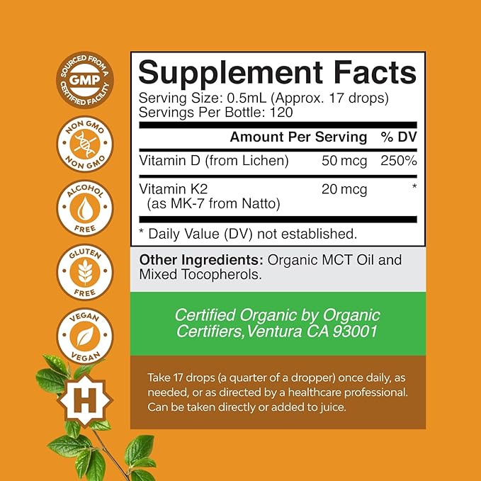 Natures Craft Liquid Vitamin D3 with K2 for Adults - Organic Drops 2000IU per Serving Vegan Bone Muscle Heart & Immune Support MCT Oil Enhanced Absorption - 2Fl Oz (Pack of 1)