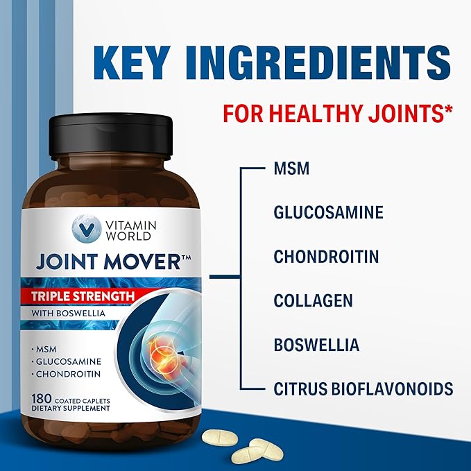 Vitamin World Triple Strength Joint Mover, Glucosamine Chondroitin with MSM Joint Support Supplement, Collagen & Boswellia Serrata Extract, Support Joint Strength, Comfort & Flexibility, 180 Caplets
