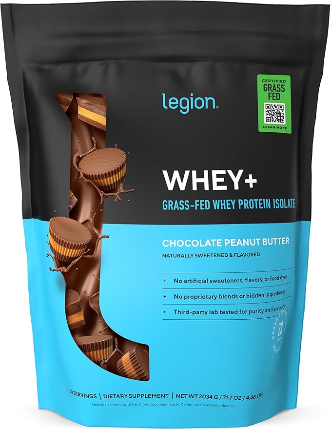 LEGION Whey+ Protein Whey Isolate from Grass Fed Cows (Chocolate Peanut Butter, 60 Servings) - Whey Protein Isolate Low Calorie, Non-GMO, Sugar Free, Lactose, Gluten Free, All Natural Protein Powder