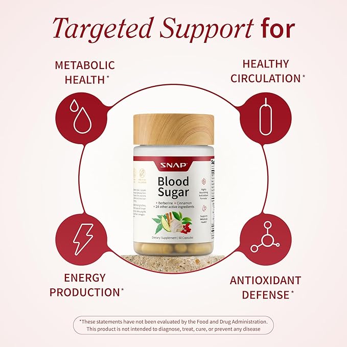 Snap Supplements Blood Sugar Blend with Berberine, CoQ10, Cinnamon, and Gymnema to Support Already Healthy Blood Sugar, Metabolic Health and Energy, Sugar Free, 60 Capsules 3-Pack (Packaging May Vary)
