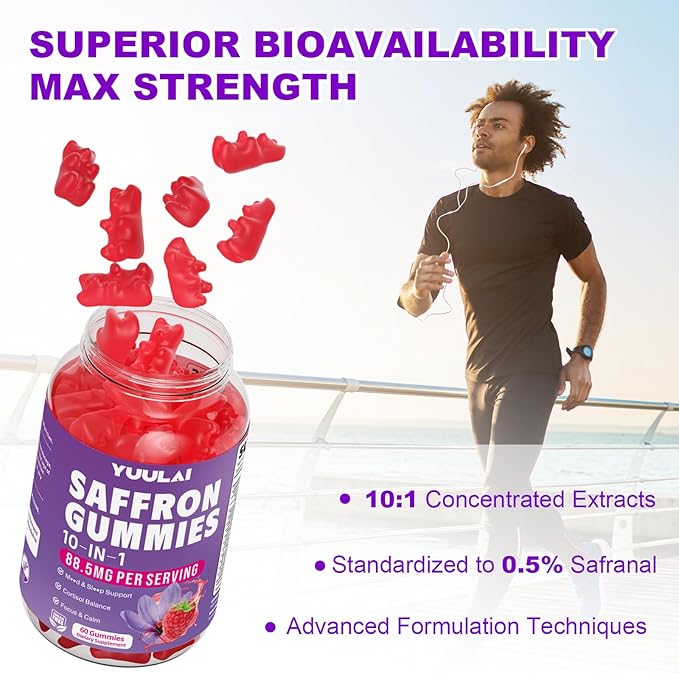 Pack of 2 Saffron Gummies, 10-in-1 Saffron Supplements for Kids & Adults with 88.5mg Saffron Extract, for Emotions, Zzz, Sugar Free, Raspberry Flavor, 120 Count