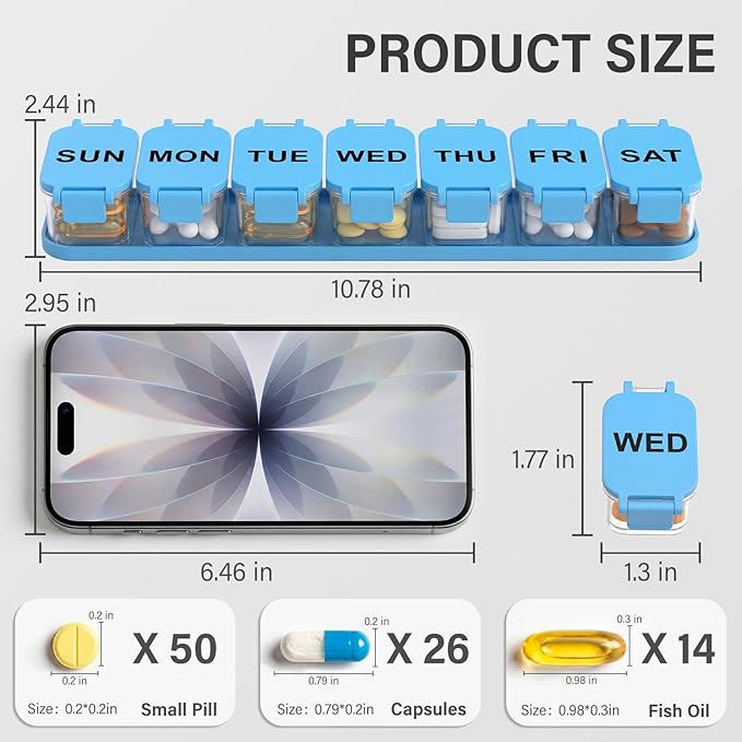 Extra Large Weekly Pill Organizer - Waterproof 7-Day Pill Box, Portable Vitamin & Supplement Case, Easy to Open Design, Ideal for Travel a nd Daily Medication Management (Blue)