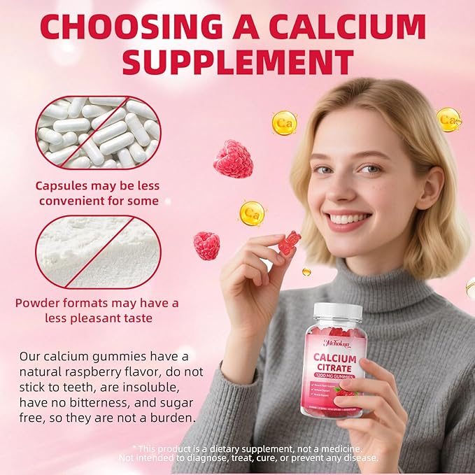 Calcium Citrate Gummies 1200mg Chewable Calcium Supplement for Women & Men, Supports Bone, Muscle & Immune Health, Sugar-Free, Non-GMO, Gluten-Free, Natural Raspberry Flavor, 60 Count