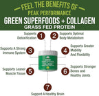 Greens Superfood + Grass Fed Collagen Peptides Powder - Ultimate Blend of Best Tasting Green Superfood with Pure Pasture Raised Hydrolyzed Protein Powder for Skin Hair + Joint Health