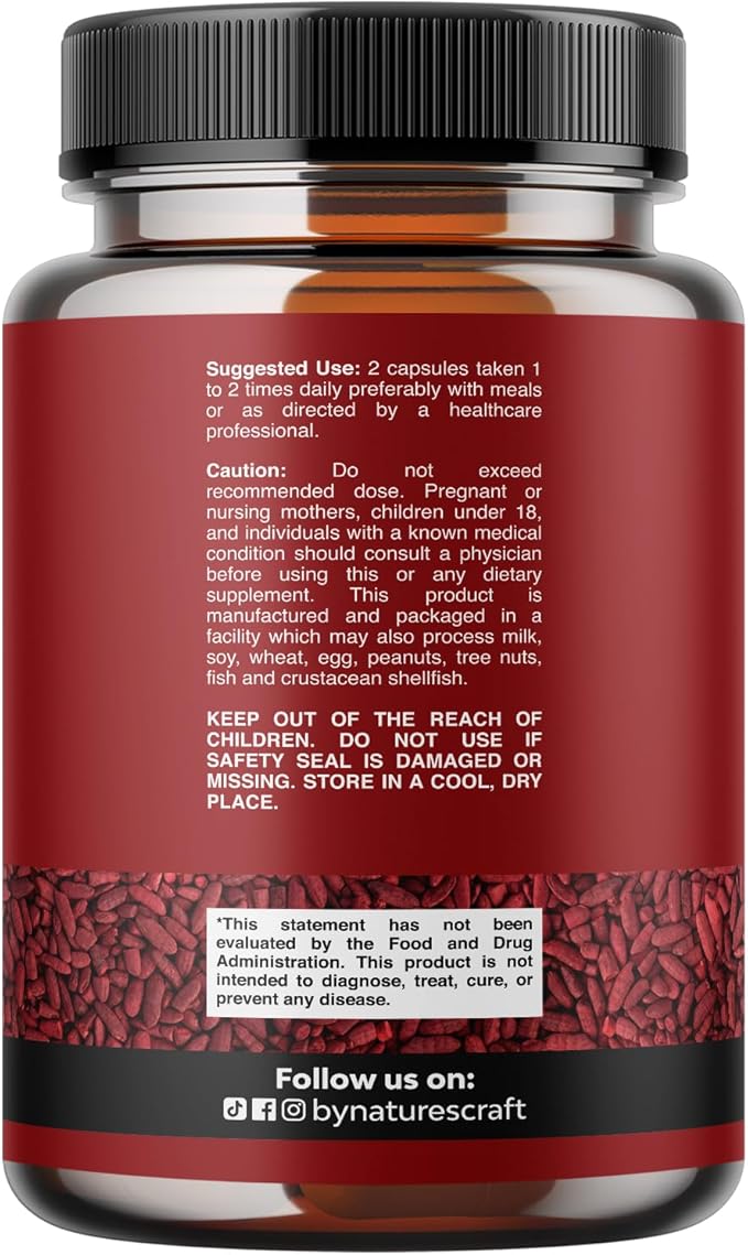 Red Yeast Rice with CoQ10 Supplement - Advanced Healthy Heart & Healthy Cholesterol Levels Formula for Men & Women - Red Yeast Rice Capsules with 1200mg per Serving and CoQ10-60 Count