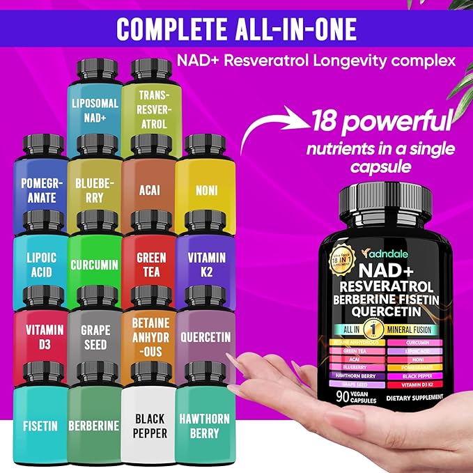 Adndale Liposomal NAD Supplement. Longevity Formula NMN Supplement Alternative. 180CT Advanced NAD+ Resveratrol
