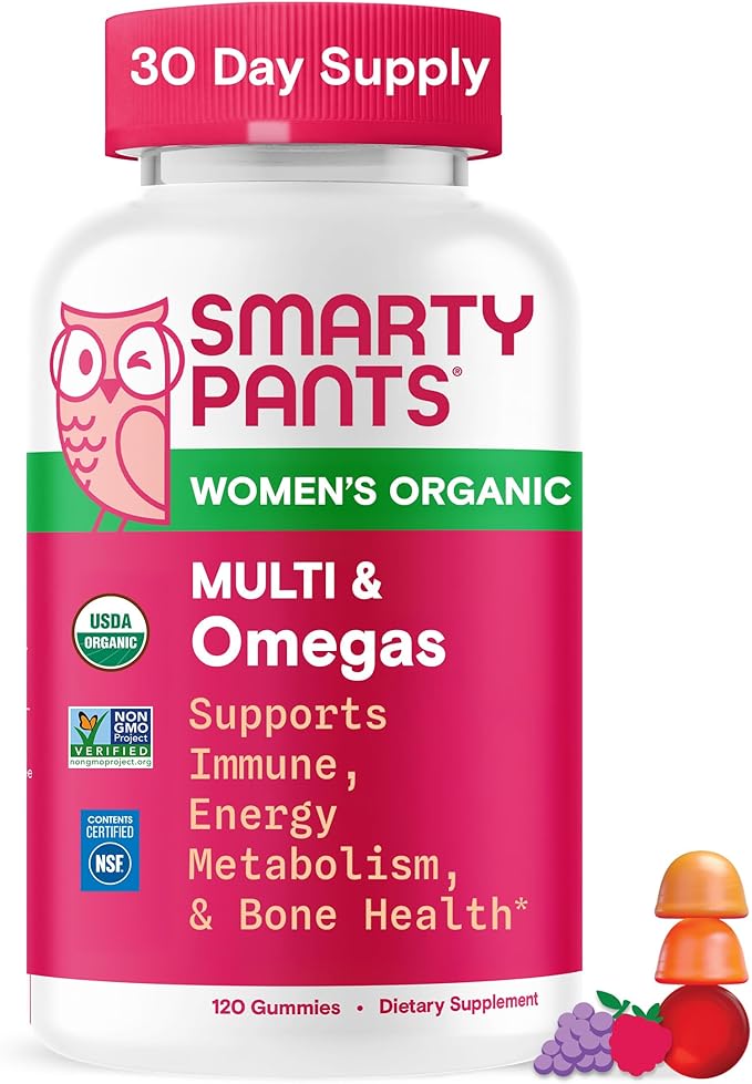 SmartyPants Organic Women's Multivitamin Gummies: Biotin, Methylfolate, Omega 3 (ALA), Vitamin D3, C, Vitamin B12, B6, A, K & Zinc, Inositol, Gluten Free, Vegetarian, 120 Count (30 Day Supply)