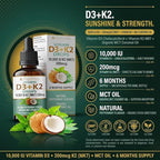 Vitamin D3 + K2 Drops 10,000 IU D3 with 200mcg K2 (MK7), Peppermint Flavour, Organic MCT Coconut Oil, 60mL, 6 Month Supply