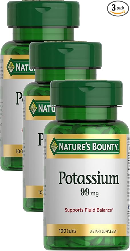 Nature's Bounty Potassium 99mg, Supports Fluid Balance and Muscle Activity, Involved in Normal Heart Function, Potassium Gluconate Dietary Supplement, 1 Per Day, 100 Vegetarian Caplets (Pack of 3)