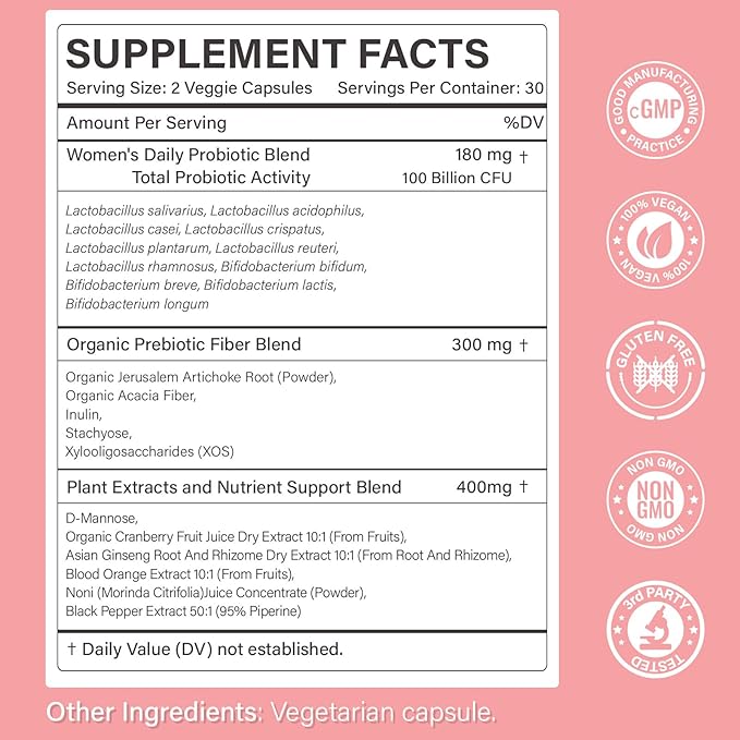 Probiotics for Women – Women’s Probiotic for Digestive, Vaginal, Urinary Health & pH Balance – 100 Billion CFU, 11 Strains with Organic Prebiotics, Cranberry Extract, D-Mannose – Non-GMO, 120 Caps