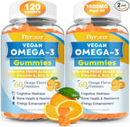 Vegan Omega 3 Gummies - Algal Oil Omega 3 Supplement with DHA, EPA & 10 Essential Vitamins, Fish Oil Alternative - Support Brain, Eye & Immunity for Adults, Orange Flavor, 120 Count