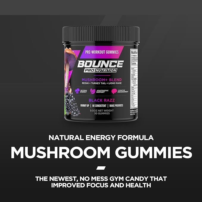 Bounce Pro Pre Workout Gummies – 70 Vegan Chewable Gummies with Caffeine, Lion’s Mane & L-Theanine for Energy, Focus & Endurance – Mushroom Preworkout for Men & Women – Black Razz Flavor