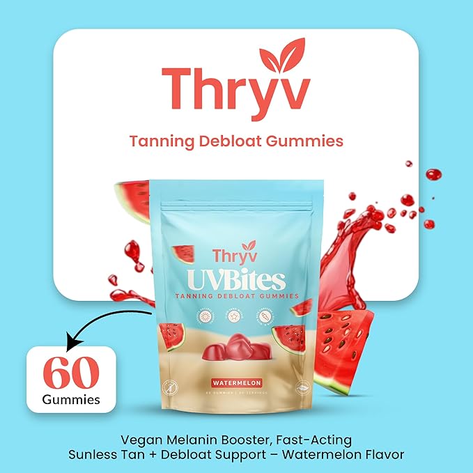 UVBites - Tanning Gummies - Self Tan Supplement - Tanning Pill - Fast Acting & Debloating Melanin Supplement with Beta Carotene, Astaxanthin, Niacinamide - Glow Up Skin (60 Count, Watermelon)