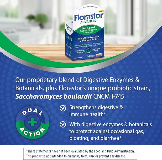 Florastor Advanced Gas and Bloat Probiotic, Digestive Enzymes and Botanicals, Plus Probiotics for Digestive Health, 30 Capsules (Pack of 2)