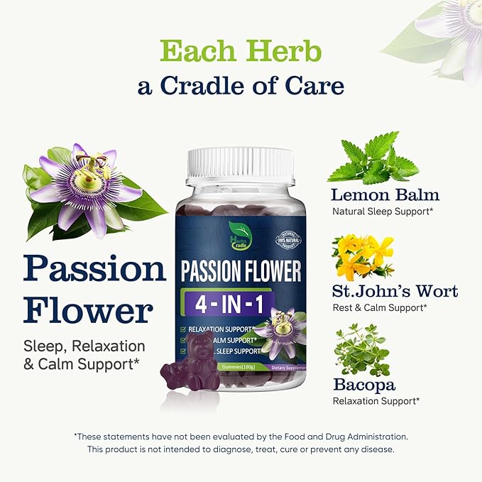 Passion Flower Extract Gummies for Natural Sleep Support, 4-in-1 Herbal Supplement for Calm & Relaxation w/Lemon Balm and More, Pasiflora Gomitas para Dormir. 60 Count