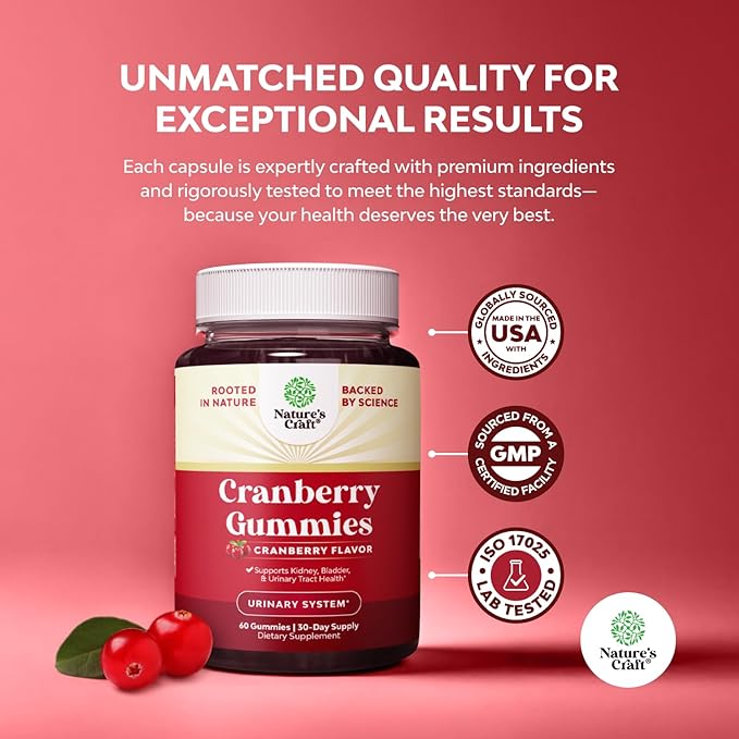 Natural Cranberry Gummies for Women and Men - Extra Strength Delicious Antioxidant Cranberry Chews for Urinary Tract Health Kidney Support Bladder & Immune Health - Vegan Gluten & Gelatin Free - 60ct