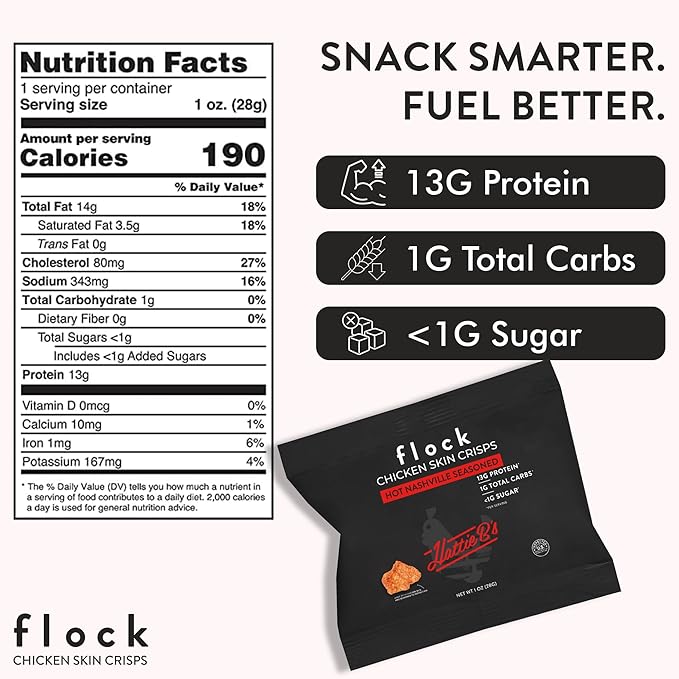 Flock Keto Chicken Skin Chips – | Hattie B's Nashville Hot Flavor | Low Carb, High Protein, Gluten-Free Chicken Crisps, Keto Snack, Low Carb Chips, Protein Crackers, Diet Snacks, 8-Pack (1oz)