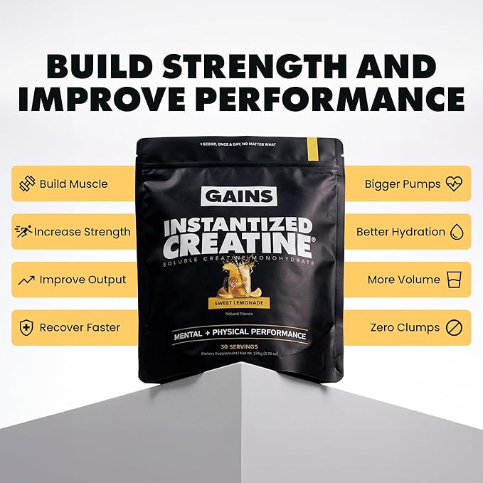 Gains in Bulk Instantized Creatine Monohydrate for Men & Women, Soluble Pre Workout Powder, Supports Muscle Building, Strength and Performance, Bodybuilding Supplements, Sweet Lemonade, 30 Servings