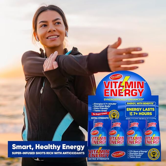 Vitamin Energy B12 11,000% Extra Strength Energy Shot Açaí Pomegranate 24 Pack, 260mg Natural Caffeine, B12 & B6, Nootropic Focus, Vitality, Zero Sugar, Gluten-Free, Vegan, Kosher, 1.93 fl oz