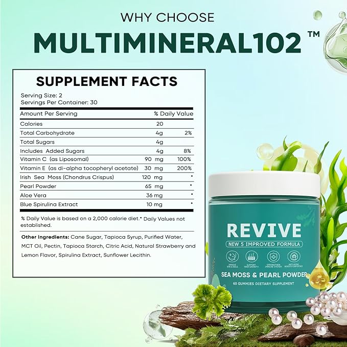 Revive Hair Gummies, Balmbare Revive Gummies for Hair, Promotes Thicker, Fuller, Stronger Hair, with Organic Irish Sea Moss, Pearl Powder Glow, Vitamin C/E, Aloe Vera, 60 Count (2)