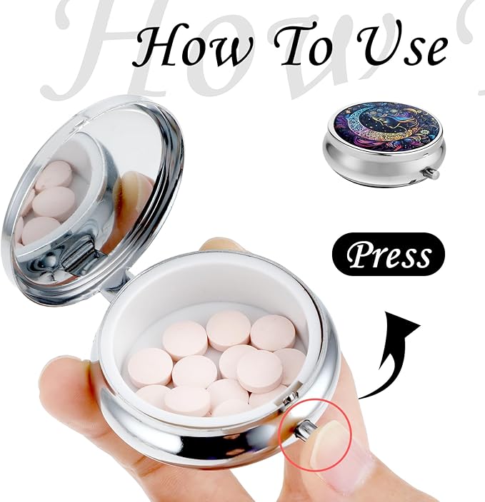 Sibba Portable Medicine Pill Case, Travel Multi-Functional Moisture Proof Pill Box for Purse & Pocket, Cute Metal Medicine Pill Organizer Box for Vitamins, Fish Oil & Supplements (Moon)