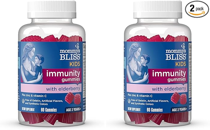 Mommy's Bliss Kids Elderberry Gummies, Supports Immunity with Black Elderberry, Zinc & Vitamin C, Gluten Free & Vegan, Age 2 Years+ (60 Count) (Pack of 2)