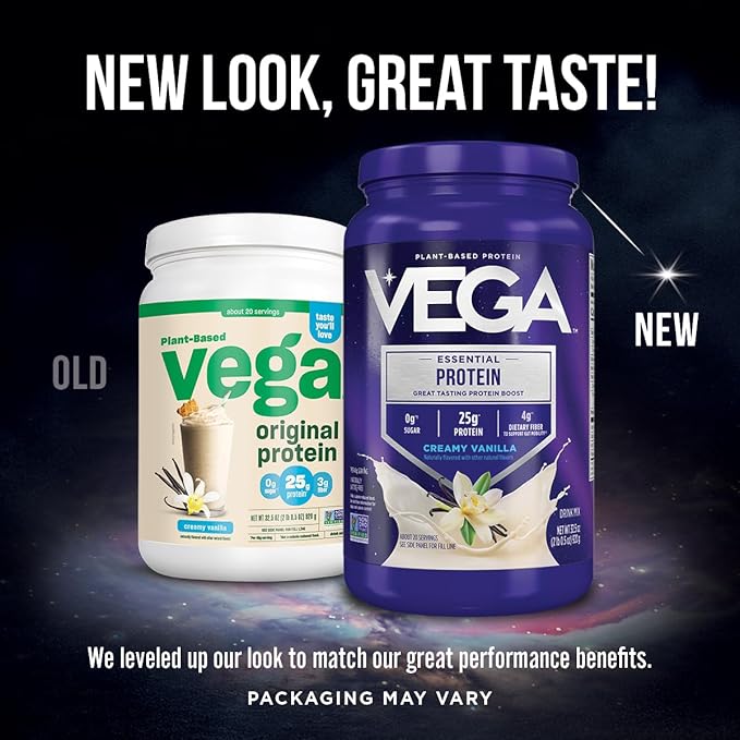 Vega Original Essential Protein - 25g Plant-Based Protein, Creamy Vanila, 10 Servings, Vegan, Non-GMO Drink Mix, Smoothie & Shake Ready, Gluten Free, Dairy Free, 16.2oz (Packaging May Vary)