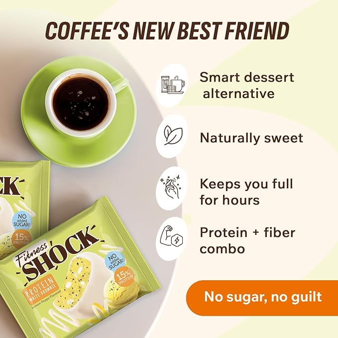 Fitness SHOCK Lemon Poppy Seed Protein White Brownie - No Added Sugar, 7.5g Protein, Low Carb Guilt-Free Dessert - 0g Added Sugar, 10g Net Carbs, 5g Fiber, Non-GMO - 10 x 50g