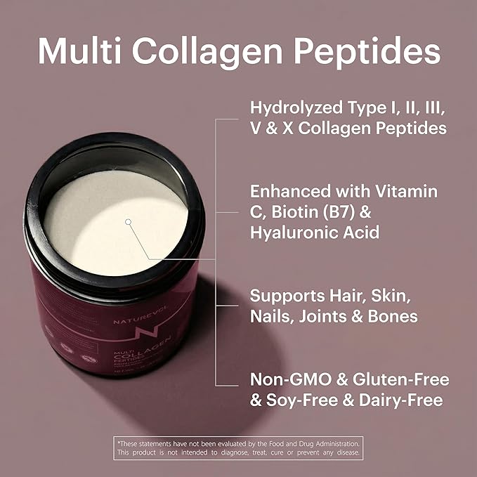 Multi Collagen Peptides Powder – Hydrolyzed Types I, II, III, V, X with Biotin, Vitamin C & Hyaluronic Acid | Hair, Skin & Joints Support for Women & Men | Unflavored - 1 lb (41 Servings)