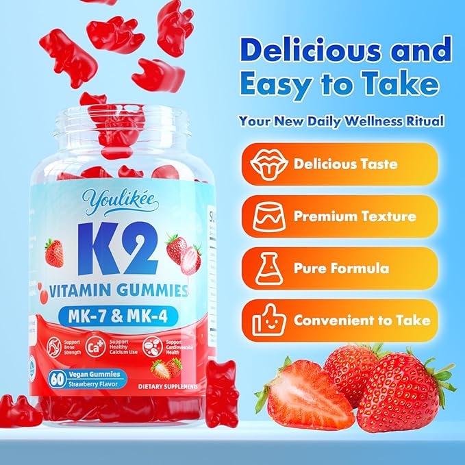 2 Pack Sugar-Free Vitamin K2 Gummies, Dual Formula Vitamin K2 Supplement with MK-7 & MK-4, Supports Bone Health, Gluten-Free, Non-GMO, Sugar-Free, Strawberry Flavor, 120 Gummies