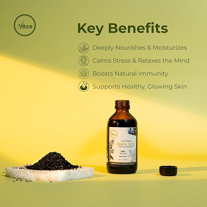 My Ace Black Seed Carrier Oil | 100% Pure Cold Pressed Oil for Hair Growth, Skin & Face Care, Body Moisturizer, Massage & Aromatherapy – 4 fl oz