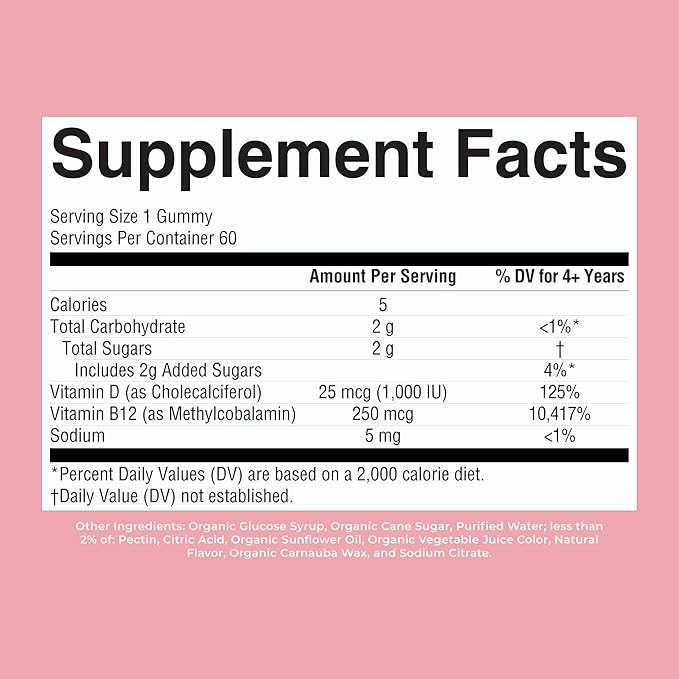 MARYRUTH'S Organic Vitamin D3 + B12 Gummies for Ages 4+ | Bone Health | Immune Support | Energy Metabolism | Cognitive Function | Vegan | Non-GMO | Gluten Free | 60 Servings | 2 Month Supply