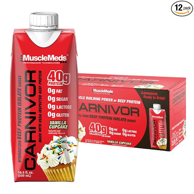 MuscleMeds Carnivor RTD, Ready to Drink Protein, Lactose Free, Sugar Free, 40g Isolate Protein, Muscle Building, Recovery, Vanilla Cupcake, 16.9 Fl Oz, Liquid (Pack of 12)
