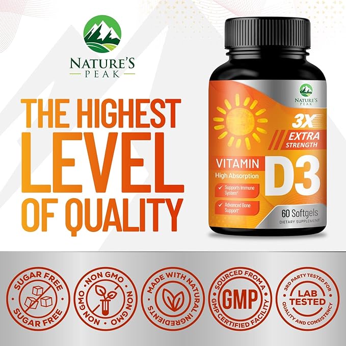 Vitamin D-3 5000 IU (125 mcg) Per Serving Softgels - Extra Strength Vitamins D Dietary Supplement for Bone, Teeth, Muscle Health & Immune Support, Rapid Absorbtion USA Bottled, Gluten Free - 60 Count