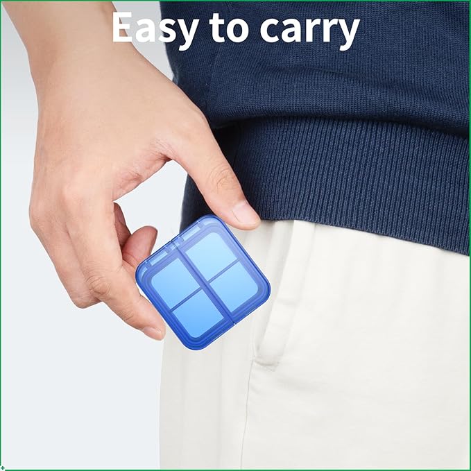 Small Pill Box,4 Compartments Travel Pill Case, Portable Pill Organizer,Mini Pill Container for Pocket,Daily Compact Travel Medicine Holder for Vitamins Fish Oil and Supplement Storage(Blue+Black)