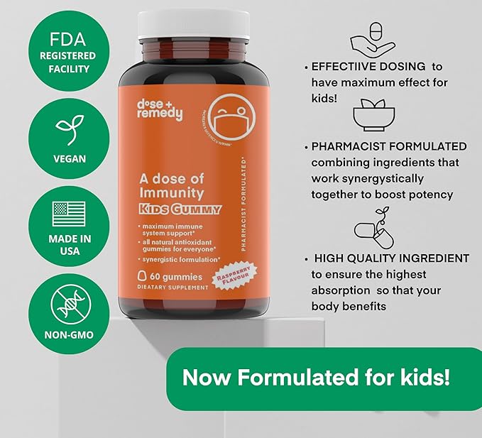A Dose of Immunity Kids Immune Support Gummies Quercetin for Kids with Vitamin C, Zinc, Vitamin D, 100mg Quercetin Bromelain, Echinacea, Lung, Immune Defense, Immunity Booster 180 Count