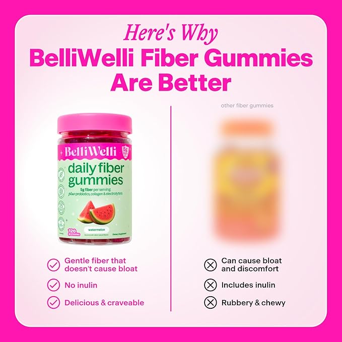 Belli Welli Fiber 4-in-1 Fiber Gummies Supplement with Added Probiotics, Collagen and Electrolytes for Regularity and Bloat Relief, Watermelon, 120 Count