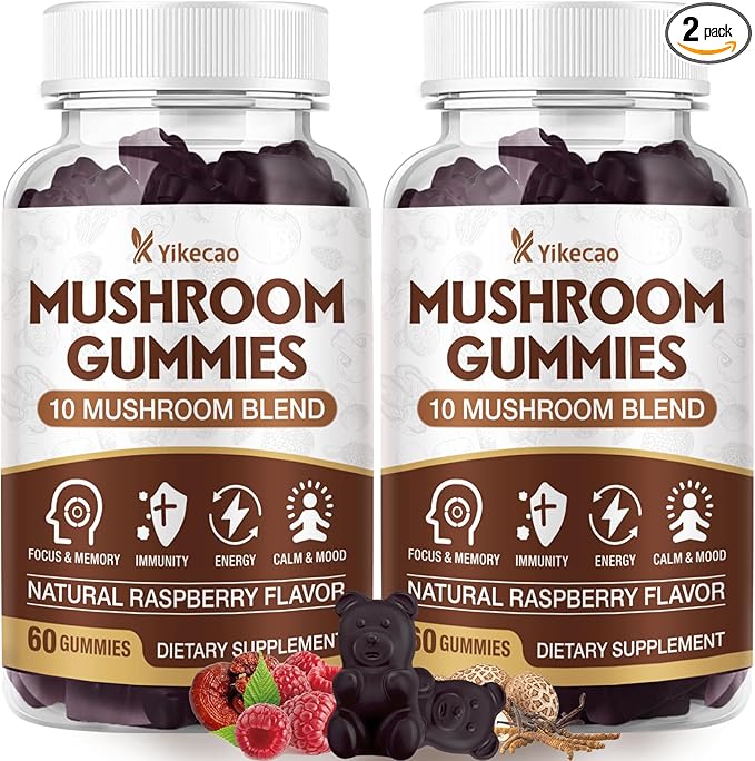 2 Pack Mushroom Gummies for Adults, 10 Blend Mushroom Supplement with Lions Mane, Cordyceps, Reishi, Chaga and Turkey Tail for Focus and Energy, Raspberry Flavor, 120 Count