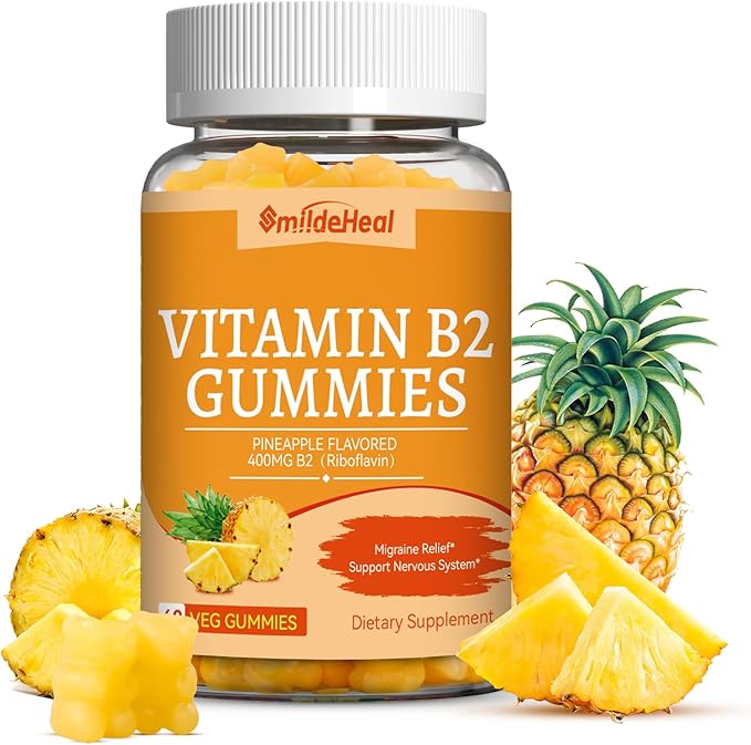 Vitamin B2 Gummies,Riboflavin 400mg Supplement with Magnesium for Adults,B2 Gummies for Migraine Relief* & Nervous System Support*,Vegan - 60 Counts